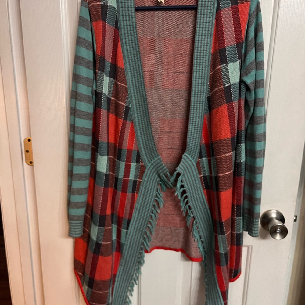 Matilda Jane Blue and Red Cardigan Sweater Cozy Plaid Design